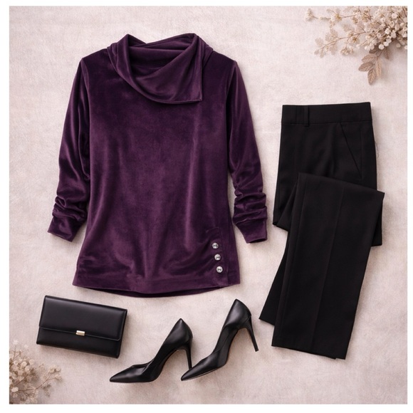 PENNANS Plum Velour Cowl Neck Top Sz L Rhinestone Sophisticated Quiet Luxury - Picture 2 of 15